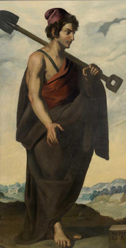 oil painting of man with tunic and shovel over shoulder
