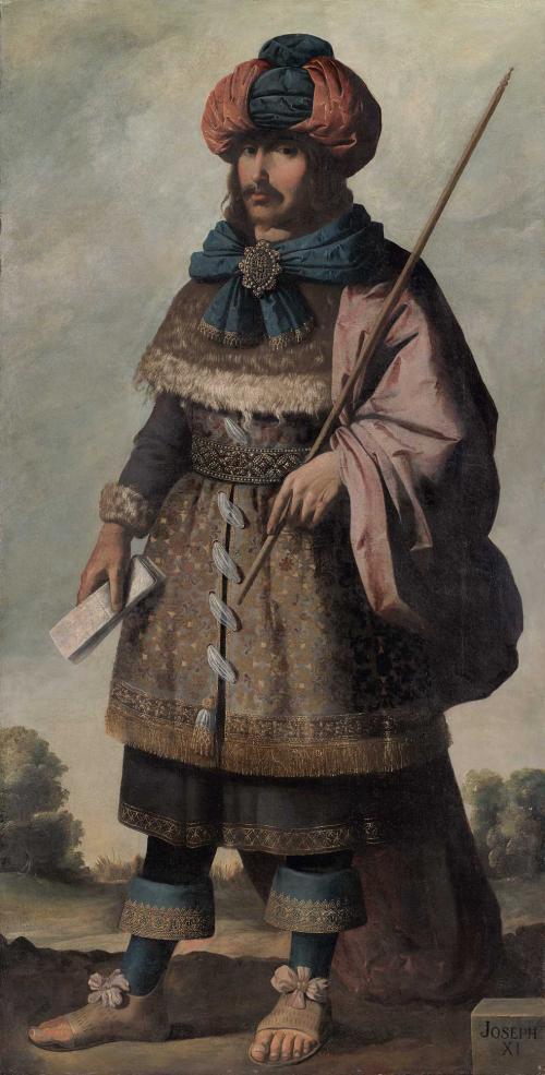 oil painting of man in ornate clothing, holding a thin staff in one hand, and paper in other