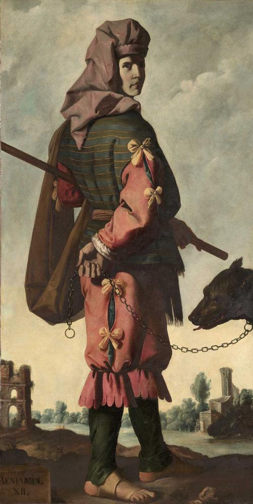 oil painting of young man holding staff at hip and a leash attached to a dog 