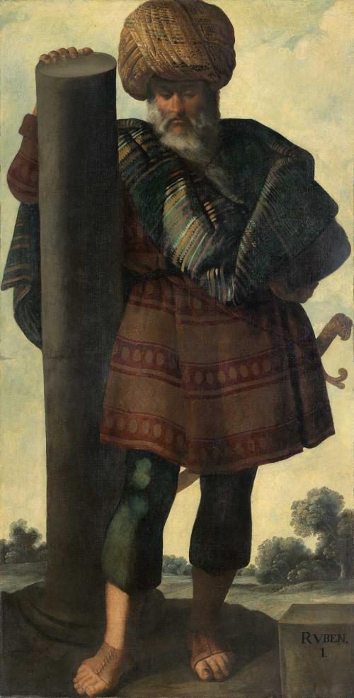 oil painting depicting man holding column like structure
