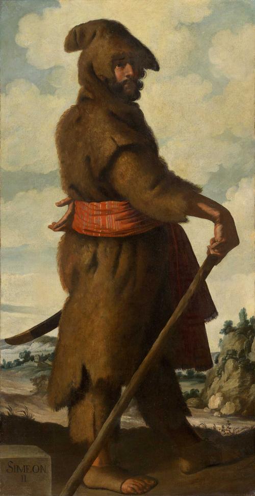 oil canvas depicting man with walking stick and wearing hooded shabby outerwear