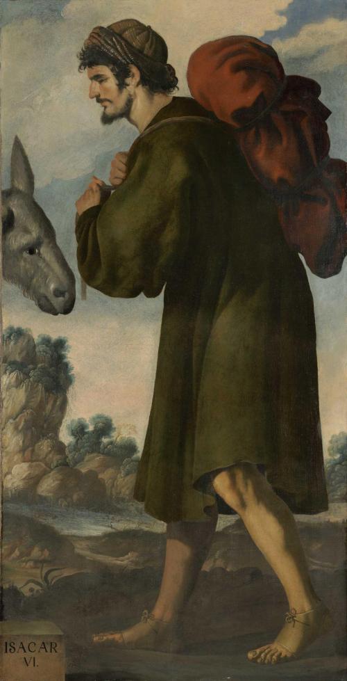 oil painting depicting man in tunic, with sack on his back and a donkey
