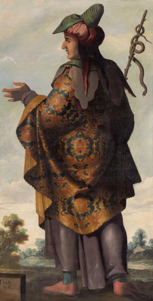 oil painting of man with ornate robes and staff with snake on it