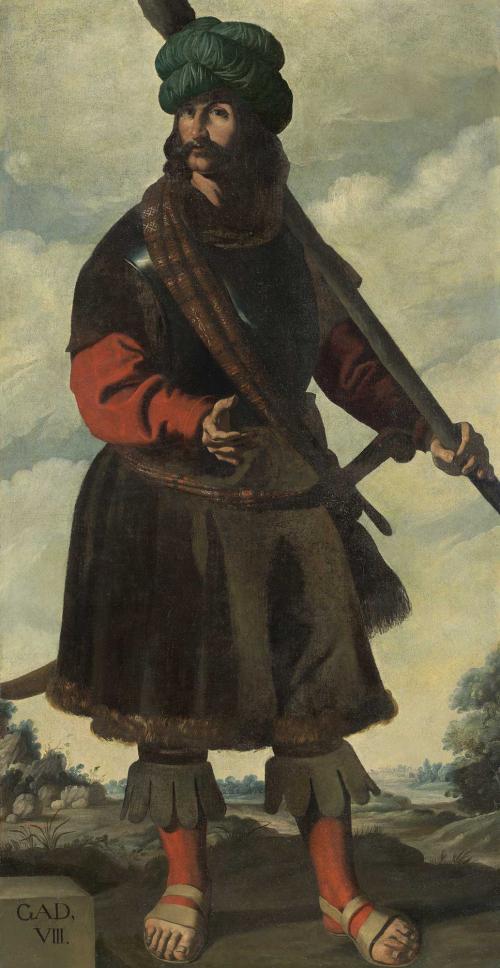 oil painting depicting man with chest armor and club-like instrument