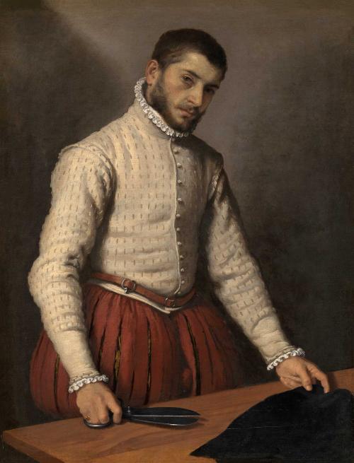 oil painting of a bearded young man wearing an embroidered cream-colored doublet and red hose. He stands at a wooden table and holds a pair of iron tailor's scissors as well as a piece of black fabric