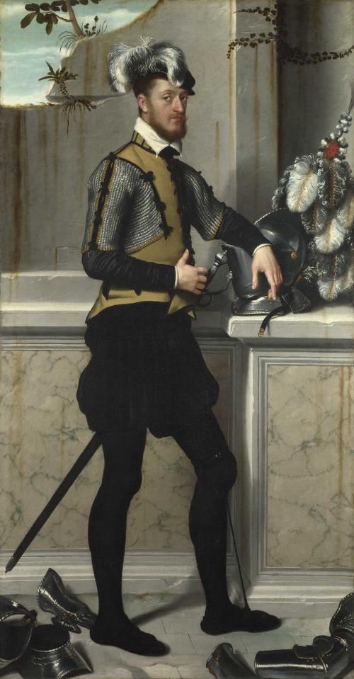 Oil painting of a young nobleman leaning against a plumed helmet. A silver-hilted rapier hangs from his belt and pieces of renaissance era armor are strewn about.