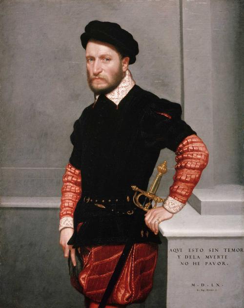 Oil painting of bearded nobleman leaning against a stone ledge. He wears a black jerkin over red slashed sleeves and soft black hat. A gold-hilt rapier sits on his left hip 