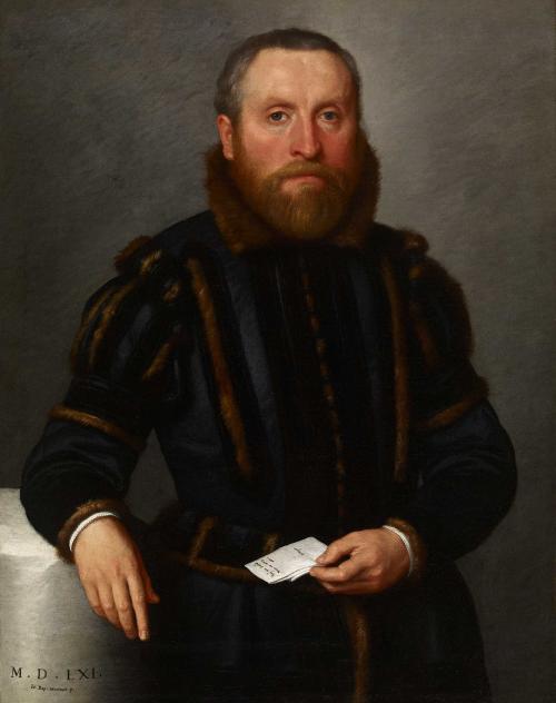 oil painting of man with reddish beard holding a letter. He wears luxurious dark clothing edged in fur
