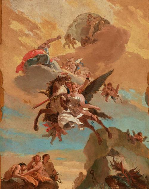 oil painting of Perseus and Andromeda riding Pegasus through the sky