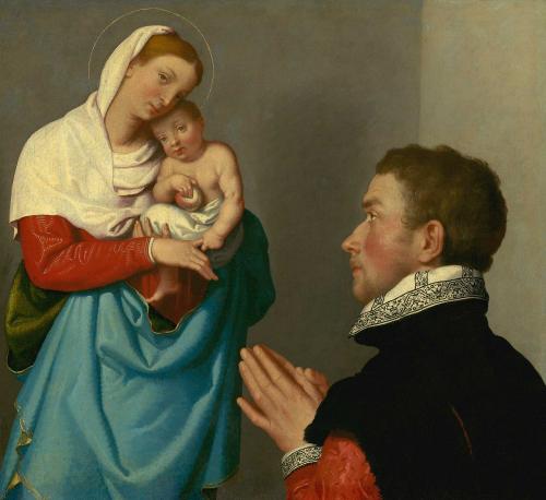 oil painting of man praying in front of Madonna and Child