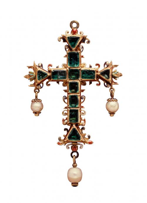 green emerald cross with three dangling pearls