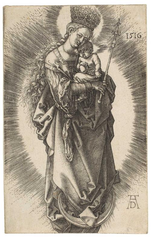 engraving of Madonna wearing crown and holding Child 