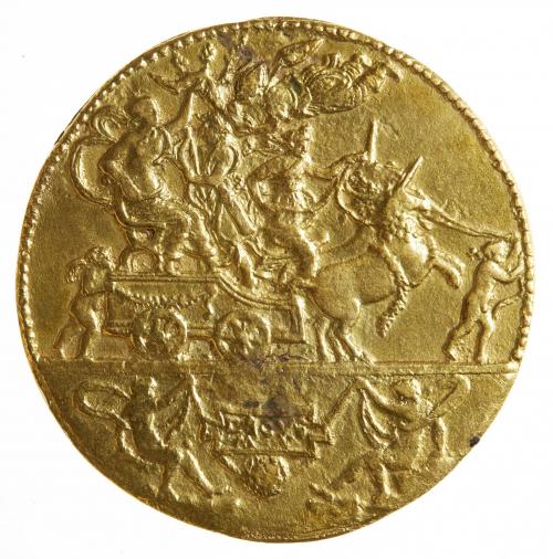 Reverse side of a bronze medal depicting a chariot.