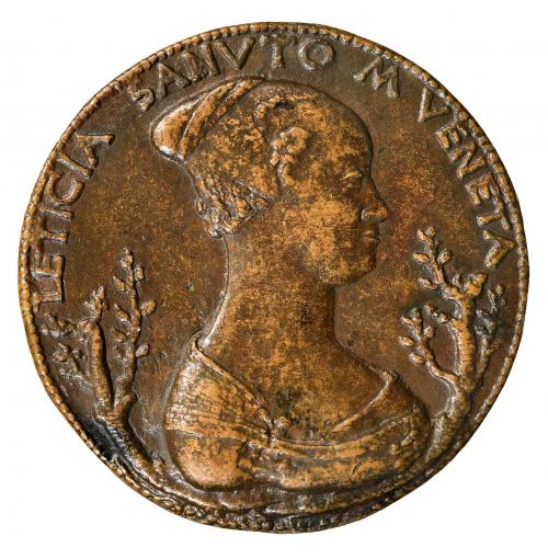 Obverse side of a bronze medal depicting a woman in profile.