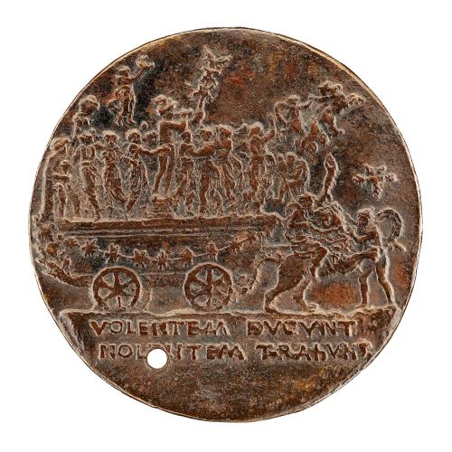 Reverse side of a bronze medal depicting a chariot.