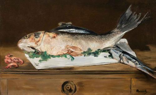 oil painting of dead fish on table