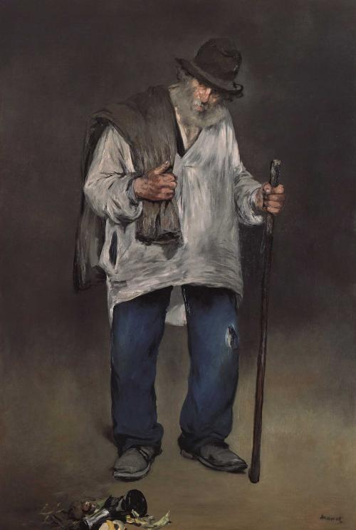 oil painting of older man standing with hat and walking stick
