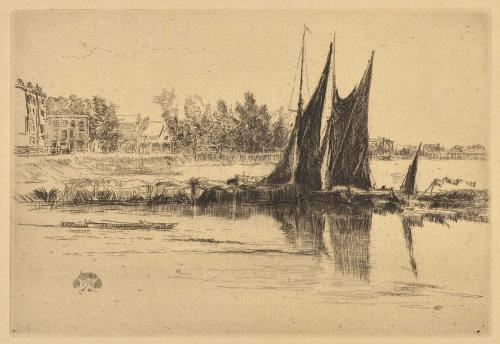 Scene on a riverside with sailboats