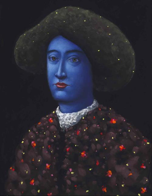 Portrait of bust-length figure on black background, with blue hair, blue skin, and a purple-brown shirt with a red and yellow pattern