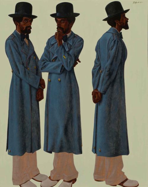 Triple portrait of a man in a blue coat yellow pants with a hat against a yellow-green background