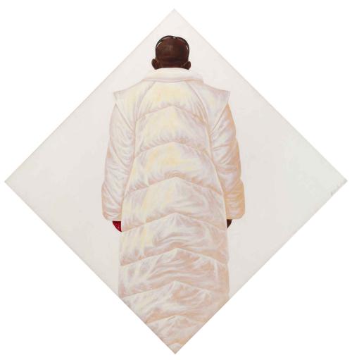 Portrait of a man seen from the back wearing a white puffy coat against a white background.