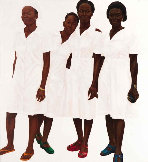 Portrait of four women in white dresses against a white background.