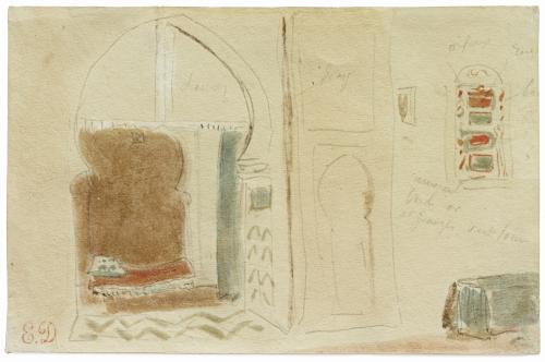 drawing of interior with doorway at center