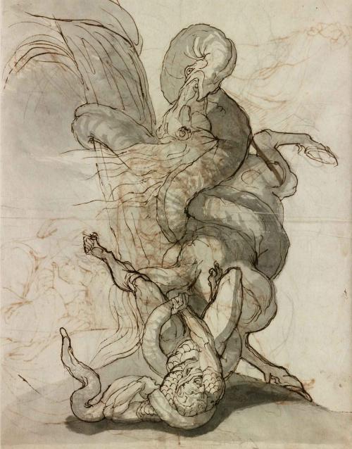 drawing of horseman on ground ensnared by serpent