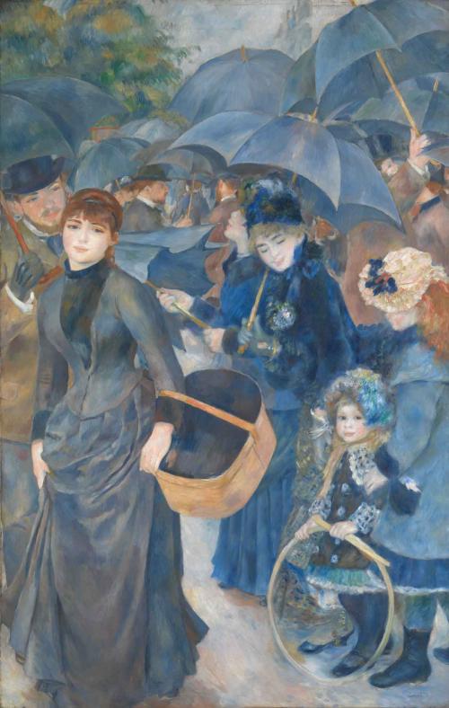 painting of crowd scene, most with umbrellas