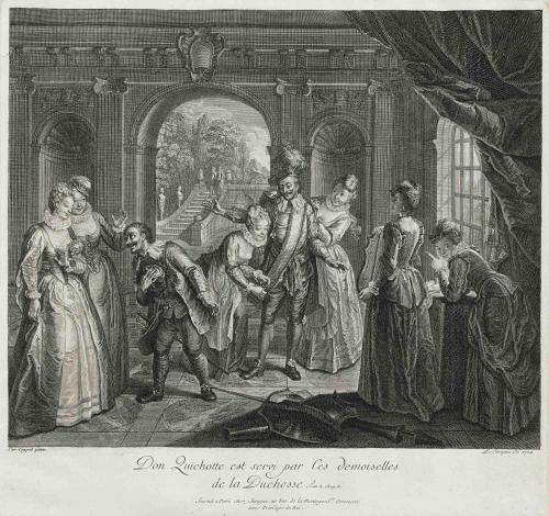Engraving of Don Quixote being dressed by the Duchess’s Damsels