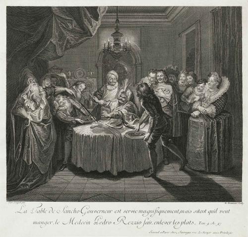 Engraving of Sancho dining on an empty table, surrounded by citizens of Bataria and a wizard
