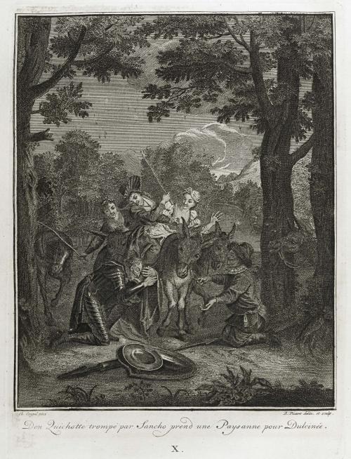 Engraving of three peasant women, Sancho laughing, and Don Quixote kneeling