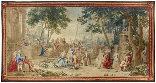 Tapestry of people wishing Sancho well as he departs for the Island of Barataria 