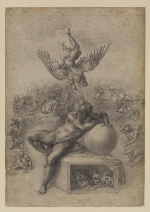 black chalk drawing of man seated with spherical object with winged figure above