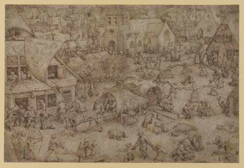 pen and ink drawing of busy town with dozens of figures performing daily tasks