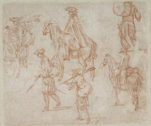 sketches of foot soldiers, a drummer, and two cavaliers