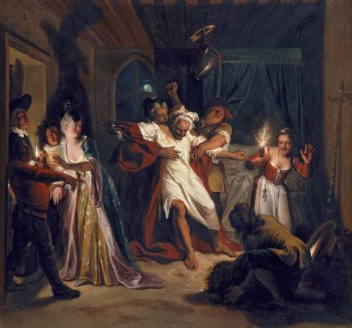 Painting depicting a restrained, asleep Don Quixote fighting wineskins