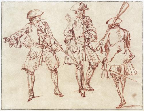 three sketches of a soldier, one from behind