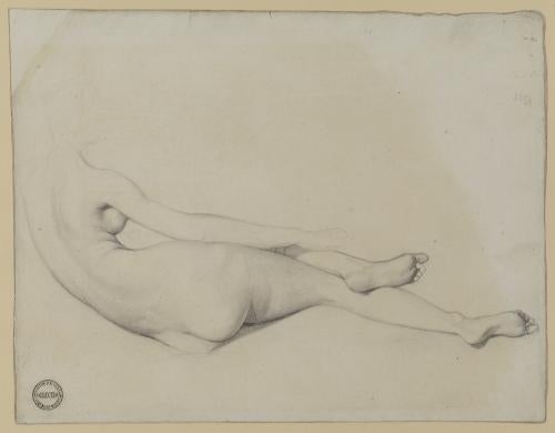 graphite drawing of reclining nude from behind, head not finished
