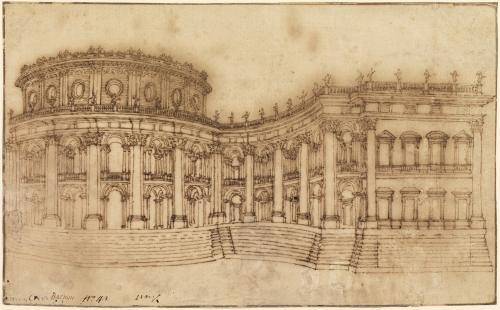 pen and ink drawing of exterior of ornate building with columns and sculptures