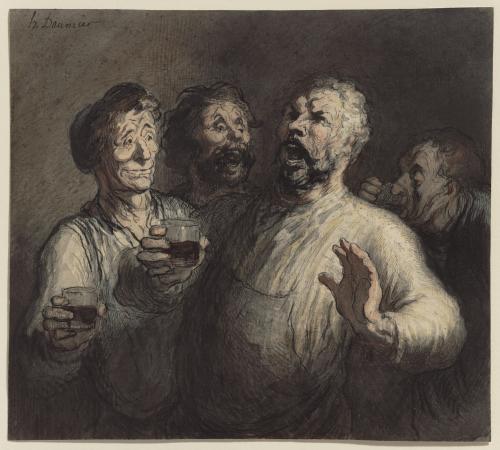 Watercolor, charcoal, and ink image of singing man with three onlookers holding cups