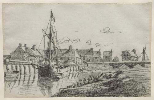 Black chalk drawing of landscape with boats, water, and buildings