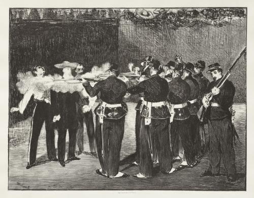 Print of a firing squad, dressed in uniform, executing a standing man, while figures in the background look on