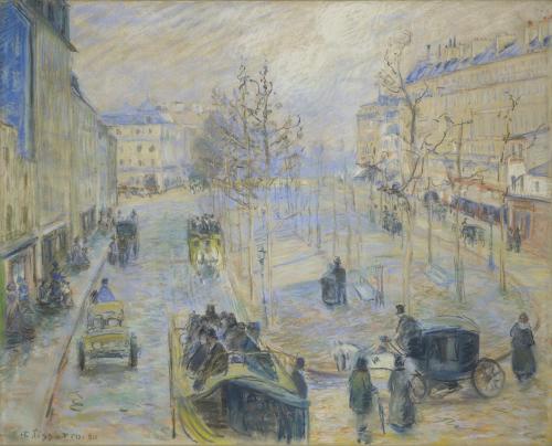 Pastel drawing of street with figures, buildings, cars, and carriages