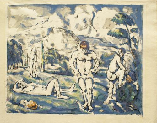 Print of four nude male figures in landscape