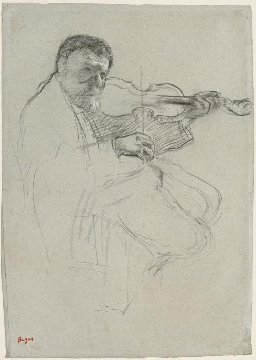 Charcoal drawing of bearded man playing the violin