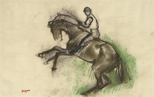 Black chalk drawing of a figure on a rearing horse