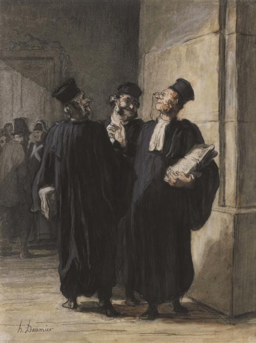 Watercolor image of three robed men talking