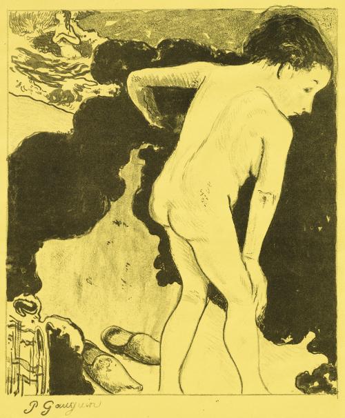 Print on yellow paper of nude male bather