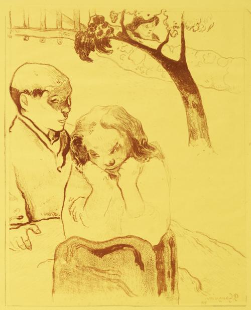 Print on yellow paper showing busts of a male and a female figure, near a tree